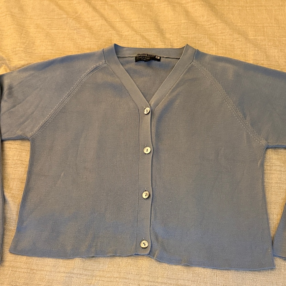 Jennifer Tyler Silk Cardigan Sweater featuring a Button Down Front in Blue/Gray.